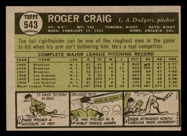 1961 Topps Baseball #543 Roger Craig Dodgers EX-MT 553295
