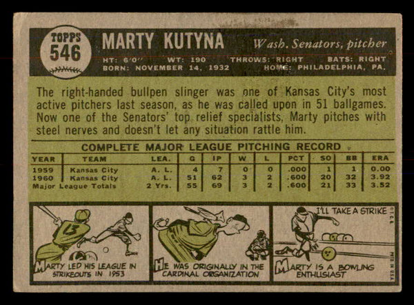 1961 Topps Baseball #546 Marty Kutyna Senators VG-EX 553299