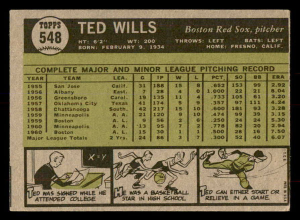 1961 Topps Baseball #548 Ted Wills Red Sox EX 553304