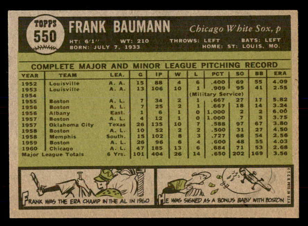 1961 Topps Baseball #550 Frank Baumann White Sox NR-MT 553307