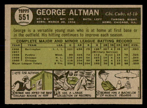 1961 Topps Baseball #551 George Altman Cubs NR-MT 553309