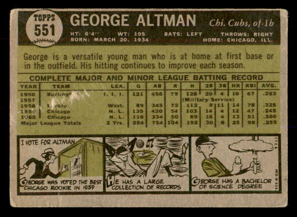 1961 Topps Baseball #551 George Altman Cubs VG 553310