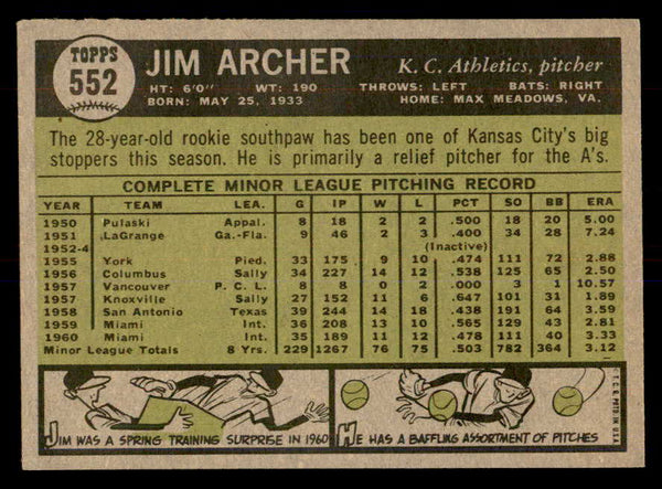 1961 Topps Baseball #552 Jim Archer A's EX-MT 553311