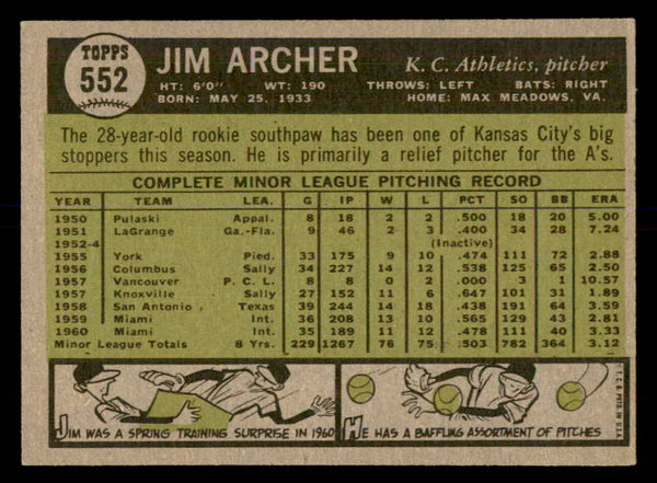 1961 Topps Baseball #552 Jim Archer A's EX+/EX-MT 553312