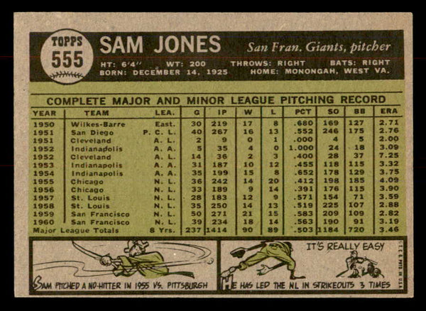 1961 Topps Baseball #555 Sam Jones Giants VG 553317