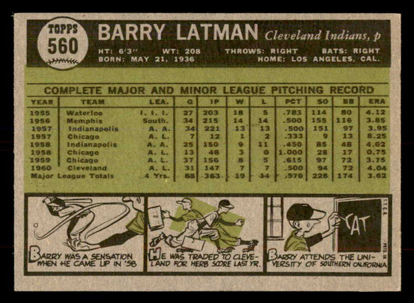 1961 Topps Baseball #560 Barry Latman Indians EX-MT 553322