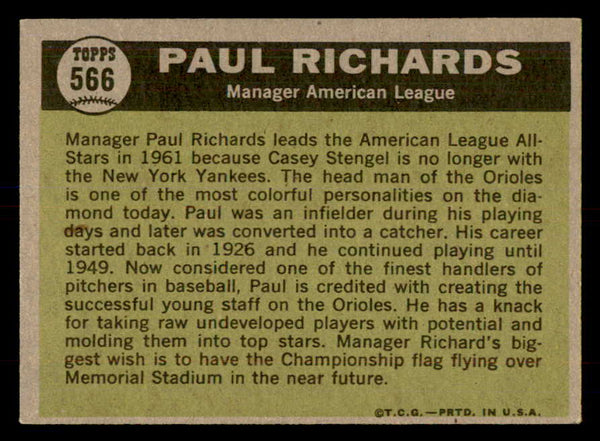 1961 Topps Baseball #566 Paul Richards A.S. Orioles EX-MT 553332