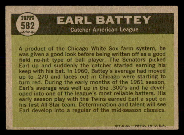 1961 Topps Baseball #582 Earl Battey A.S. Twins VG-EX 553345