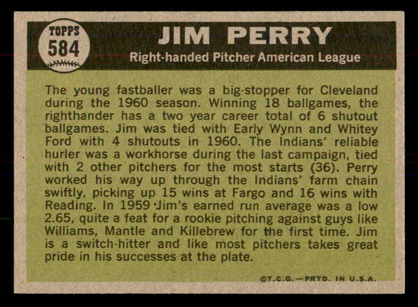 1961 Topps Baseball #584 Jim Perry A.S. Indians EX-MT 553349