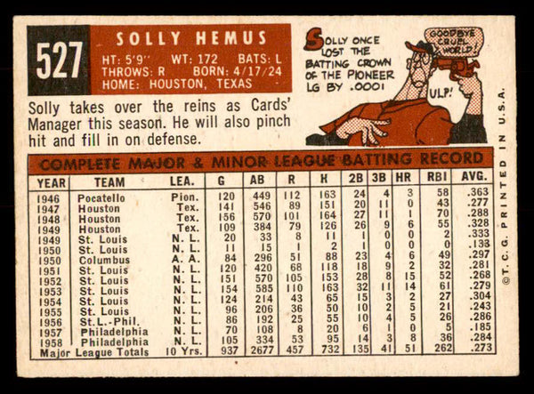 1959 Topps Baseball #527 Solly Hemus Cardinals EX-MT 553367