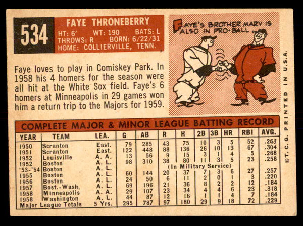 1959 Topps Baseball #534 Faye Throneberry Senators EX+/EX-MT 553374