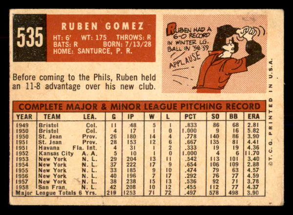 1959 Topps Baseball #535 Ruben Gomez Phillies VG-EX 553375