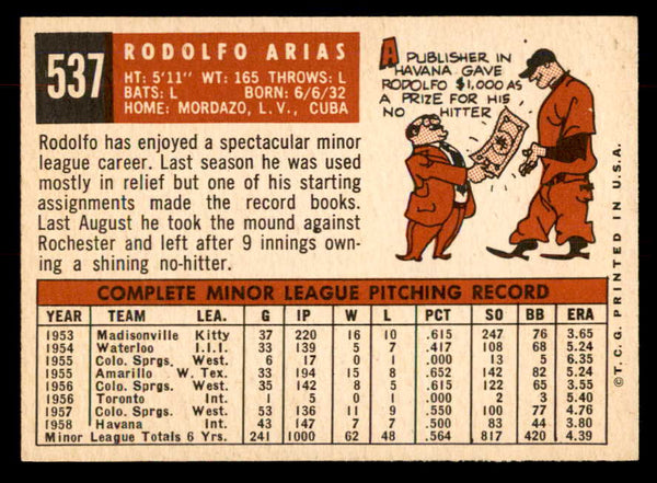 1959 Topps Baseball #537 Rodolfo Arias White Sox EX-MT 553377