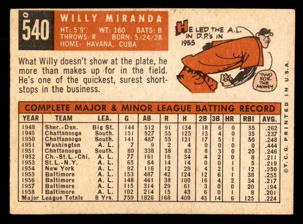 1959 Topps Baseball #540 Willie Miranda Orioles EX 553380