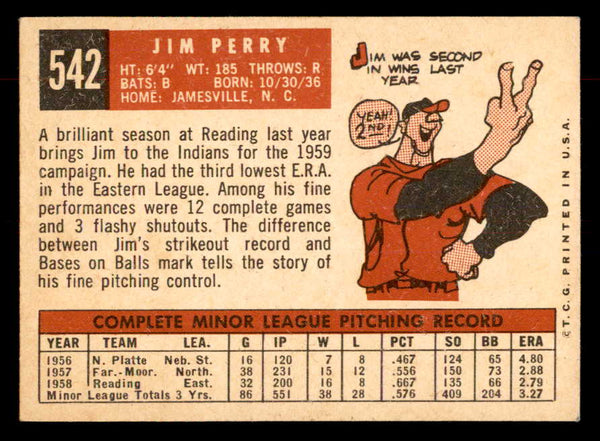 1959 Topps Baseball #542 Jim Perry Indians EX-MT 553382
