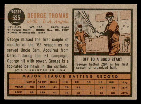 1962 Topps Baseball #525 George Thomas Angels EX+/EX-MT 553409