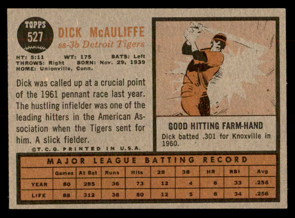 1962 Topps Baseball #527 Dick McAuliffe Tigers EX+/EX-MT 553412