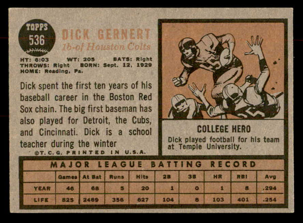 1962 Topps Baseball #536 Dick Gernert Colt .45s EX-MT 553424