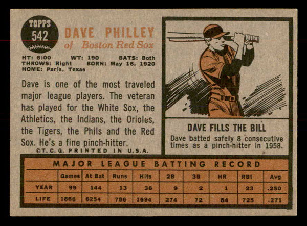 1962 Topps Baseball #542 Dave Philley Red Sox EX-MT 553435