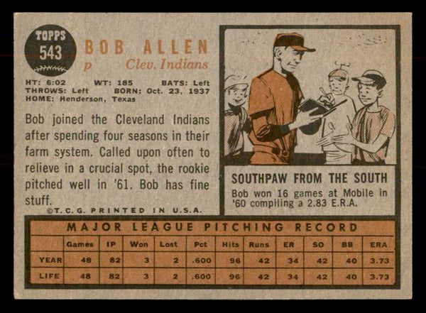 1962 Topps Baseball #543 Bob Allen Indians EX+/EX-MT 553436