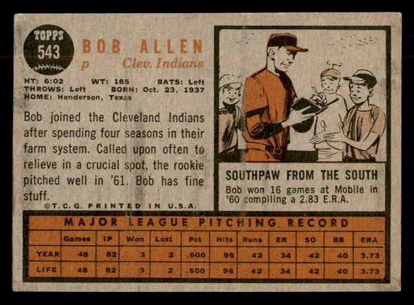 1962 Topps Baseball #543 Bob Allen Indians VG-EX 553437