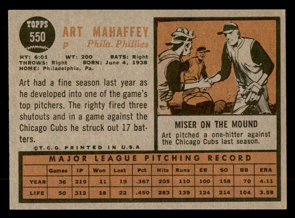 1962 Topps Baseball #550 Art Mahaffey Phillies EX-MT 553446