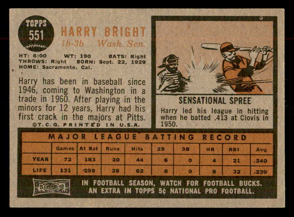 1962 Topps Baseball #551 Harry Bright Senators EX-MT 553448