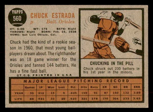 1962 Topps Baseball #560 Chuck Estrada Orioles EX-MT 553466
