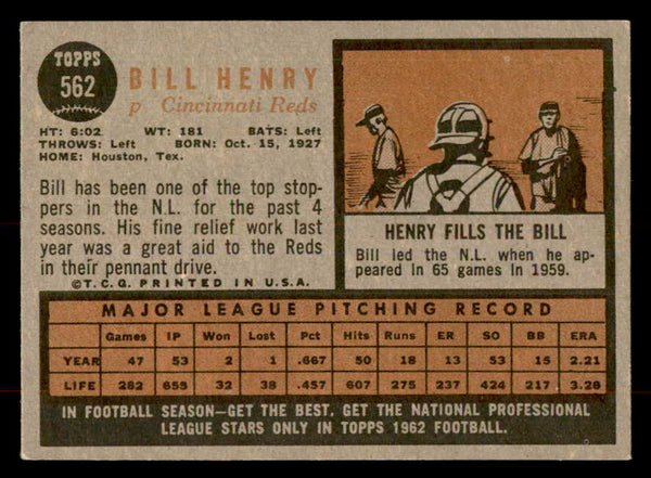 1962 Topps Baseball #562 Bill Henry Reds EX-MT 553470