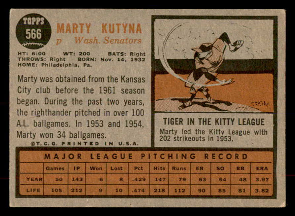 1962 Topps Baseball #566 Marty Kutyna Senators EX 553480