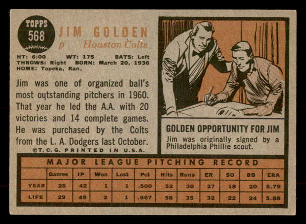 1962 Topps Baseball #568 Jim Golden Colt .45s EX 553484