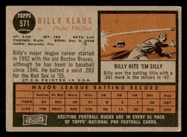 1962 Topps Baseball #571 Billy Klaus Phillies VG-EX 553490