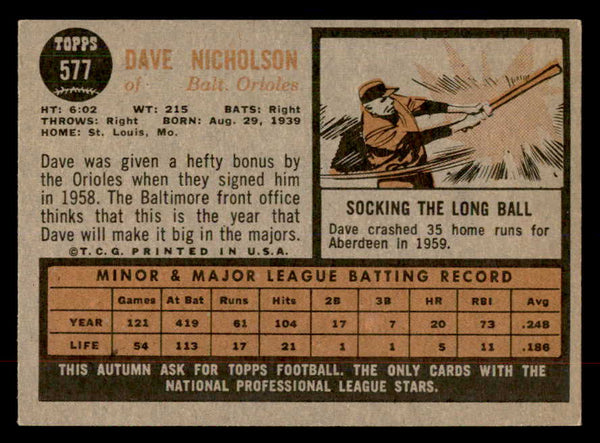 1962 Topps Baseball #577 Dave Nicholson Orioles EX-MT 553499