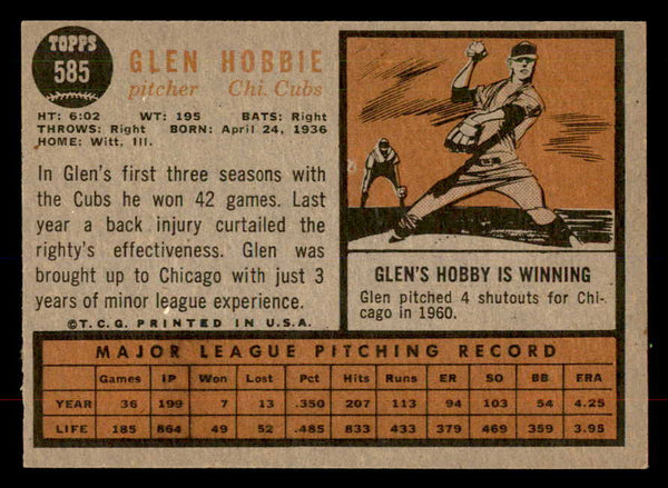1962 Topps Baseball #585 Glen Hobbie Cubs EX-MT 553514