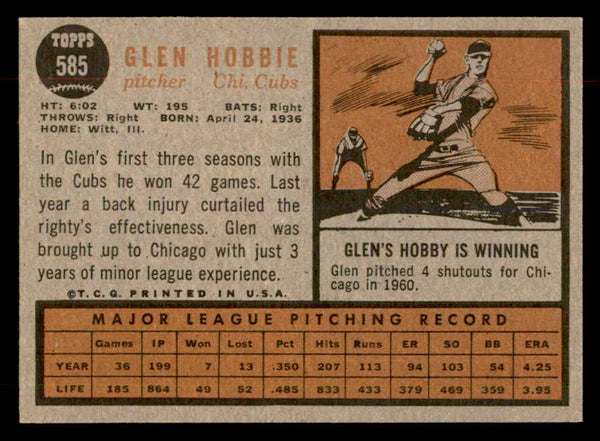 1962 Topps Baseball #585 Glen Hobbie Cubs EX-MT 553515