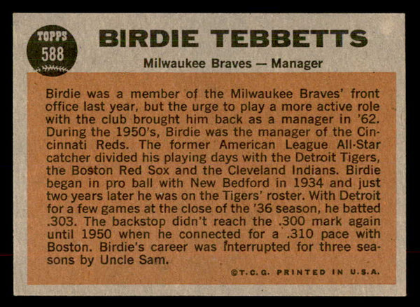 1962 Topps Baseball #588 Birdie Tebbetts Braves EX-MT 553520