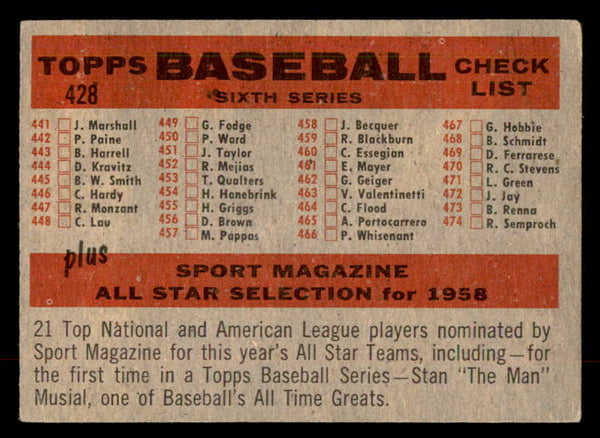 1958 Topps Baseball #428 Cincinnati Reds Team VG-EX Numerical 553532