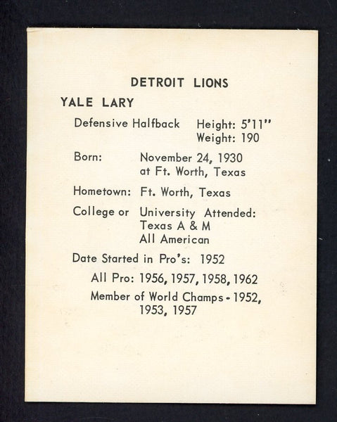 1963 Kahns Football Yale Lary Lions EX 553541