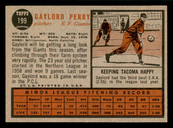 1962 Topps Baseball #199 Gaylord Perry Giants EX-MT 553568