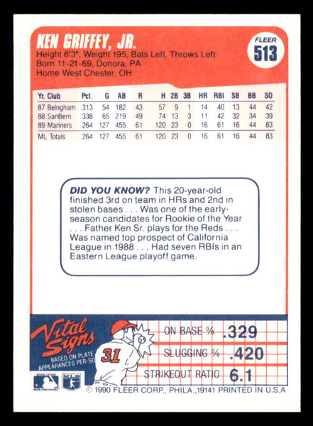 1990 Fleer #513 Ken Griffey Jr Mariners NR-MT 553578