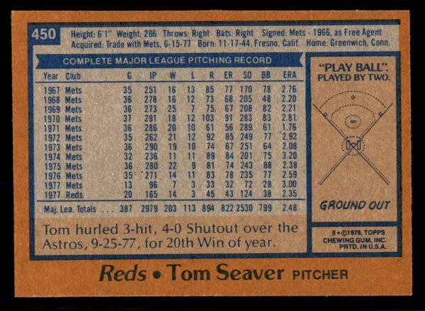 1978 Topps Baseball #450 Tom Seaver Reds NR-MT 553607