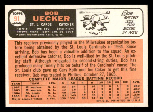1966 Topps Baseball #091 Bob Uecker Cardinals EX+/EX-MT Trade 553644