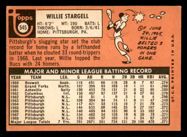 1969 Topps Baseball #545 Willie Stargell Pirates EX+/EX-MT 553646