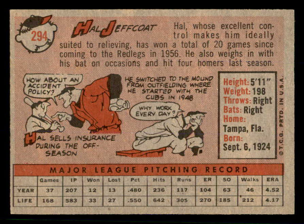 1958 Topps Baseball #294 Hal Jeffcoat Reds NR-MT 553651