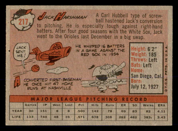 1958 Topps Baseball #217 Jack Harshman Orioles NR-MT 553657