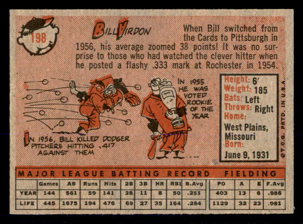 1958 Topps Baseball #198 Bill Virdon Pirates NR-MT 553660