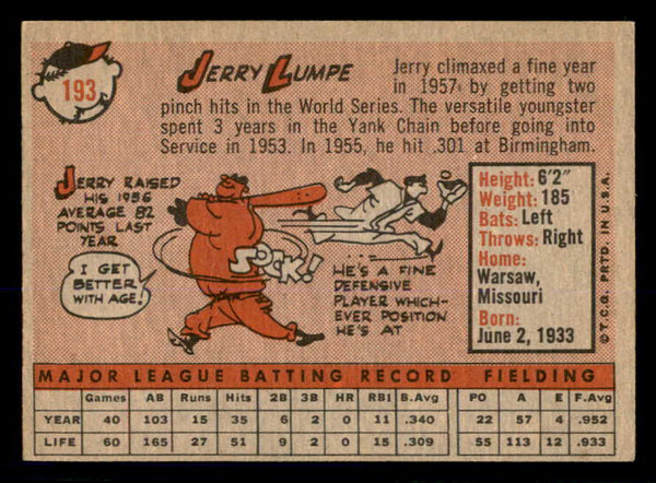 1958 Topps Baseball #193 Jerry Lumpe Yankees NR-MT 553663