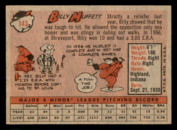 1958 Topps Baseball #143 Billy Muffett Cardinals NR-MT 553667