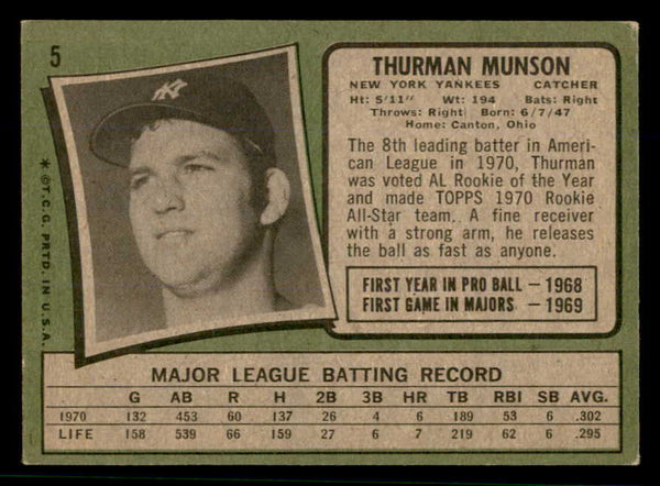 1971 Topps Baseball #005 Thurman Munson Yankees VG-EX 553694