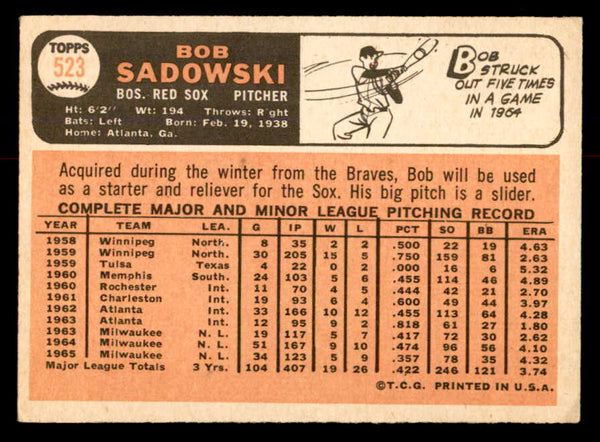 1966 Topps Baseball #523 Bob Sadowski Red Sox VG 553696